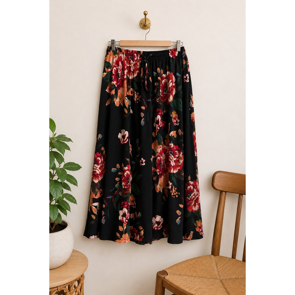DB Moon Floral Maxi Skirt Black Orange Boho Prairie Cottagecore Pockets‎ Sz M